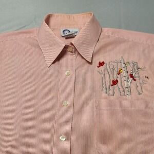 Womens Blouse M Red Pinstripe Birds Nature Scenic Vintage Granola Cowgirl